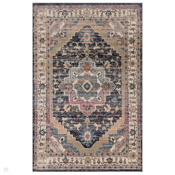 Zola Razan Traditional Persian Vintage Distressed Medallion Border Hi-Low Textured Charcoal/Pink/Beige/Grey/Cream/Multicolour Rug-Asiatic Carpets-Rug Love - The Most Loved Rug Store
